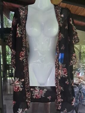 Maurices Black Sheer Floral Kimono Jacket
